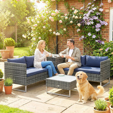 4 Seater Rattan Garden Furniture Set with Storage Box, Extra Wide Deep Corner Garden Sofa Loveseats, Glass-Top Coffee Table, Cushions, Outdoor Furniture Conversation Set for Patio, Dark Blue