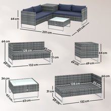 4 Seater Rattan Garden Furniture Set with Storage Box, Extra Wide Deep Corner Garden Sofa Loveseats, Glass-Top Coffee Table, Cushions, Outdoor Furniture Conversation Set for Patio, Dark Blue