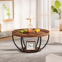 Round Wooden Coffee Table – Double-Layer Design with Open Storage and Metal Legs, Ideal for Living Room or Bedroom