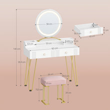 Dressing Table Set with LED Lights Mirror, Adjustable Brightness, Vanity Desk with Pink Stool, Makeup Vanity Table with 2 Drawers, 2 Open Storage Areas, 2 Compartments, White Golden, Bedroom Furniture, Beauty Station, Modern Vanity, Stylish Dressing