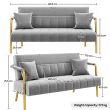 Costoffs Sofa Couch Modern Velvet Sofa Couch, 143cm Small Loveseat with Gold-tone Metal Arms & Legs, Upholstered Design, Includes 2 Pillows, Ideal for Bedroom, Home Office, Studio, Small Spaces, Light Grey/Green/Beige/Black/Pink