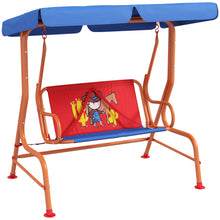 2 Seat Kids Swing Chair with Adjustable Canopy, Cowboy Themed Double Kids Garden Swing Bench with Safety Belts for Patio Park Porch, for Ages 3-6 Years - Red and Blue