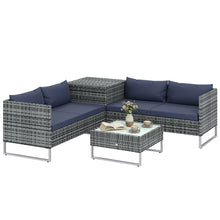 4 Seater Rattan Garden Furniture Set with Storage Box, Extra Wide Deep Corner Garden Sofa Loveseats, Glass-Top Coffee Table, Cushions, Outdoor Furniture Conversation Set for Patio, Dark Blue