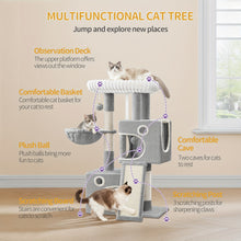 98cm Cat Tree, Cat Tower for Indoor Cats, Multi-Level Cats House Furniture with Scratching Post, 2 Caves, Large Platform, Scratching Ramp, Pompom, Light Grey