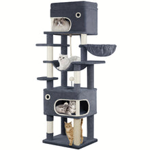 Scratching Post, 178cm Cat Tree with Large Platform, 2 Caves, 7 Scratching Posts, Pompoms, Loungers, Hammock, Suitable for All Cat Breeds, Light Grey