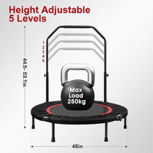 48" Foldable Fitness Trampoline, Max 550lbs (250kg), Rebounder Exercise Trampolines with Adjustable Handrail, Indoor and Outdoor Mini Trampoline for Home Workout