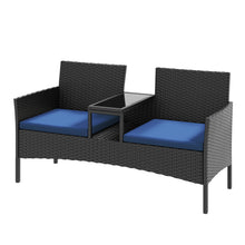 Nordivale 2-Seater Rattan Bistro Set with Built-in Glass Table, Outdoor Garden Love Seat with Cushions & Rain Cover – Black PE Wicker, Beige / Dark Grey / Navy / Light Grey