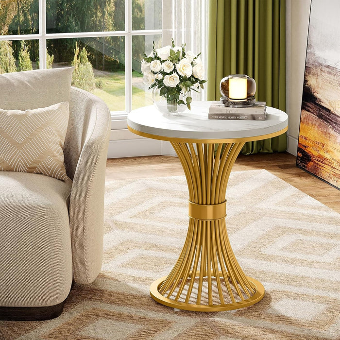 Round Modern Side Table, Faux Marble Accent Side Table with Gold Metal Base, Small White Gold Sofa Side Table for Living Room, Bedroom, Office, Small Space, White & Gold