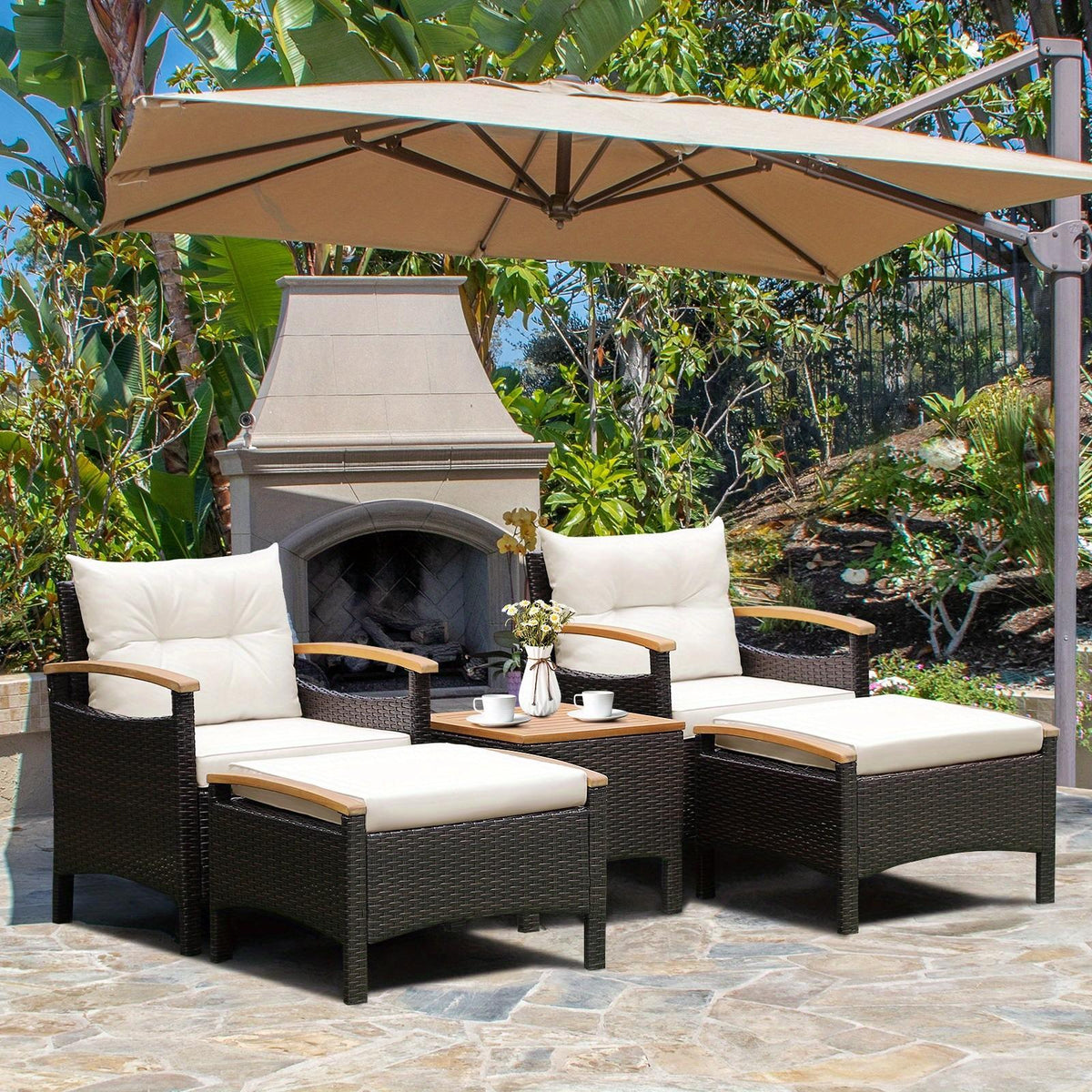 DORTALA 5pcs Outdoor Wicker Patio Furniture Sectional Conversation Set with Cushioned Zipped Pillows & 2 Ottomans - All-Weather PE Rattan Sofa, Poolside Garden Seating Suitable for Porch, Balcony - (Assembly Required)