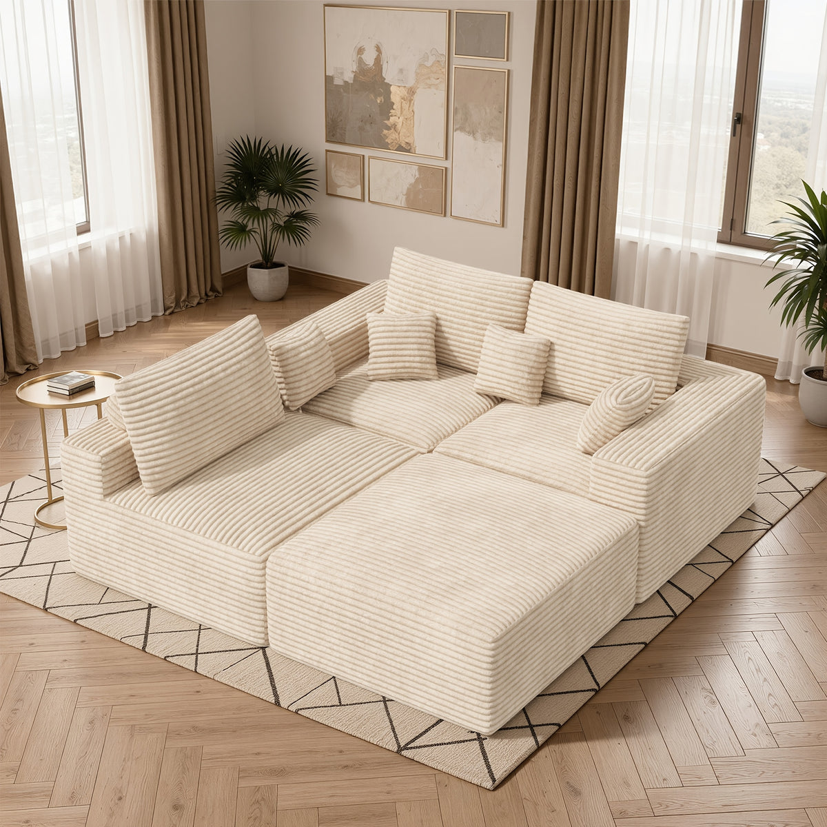 Modern Modular L-Shaped Sofa Striped Upholstered Couch Shaped Sectional Sofa Scandinavian Style Comfortable Seating for Home/Apartment