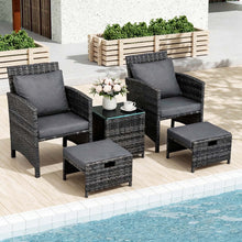 2 Seater Rattan Garden Sofa Set with 2 Armchairs, 2 Ottomans & Storage Coffee Table, Outdoor Patio Conversation Furniture, PE Wicker Chairs for Balcony