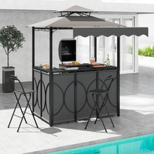 ERGOMASTER Grill Gazebo with Awning, 3pcs Outdoor BBQ Canopy with Bar Table & 2 Foldable Bar Chairs Set, Metal Storage Shelves, Double-Tier Soft Top Barbecue Shelter for Patio Poolside Garden Backyard