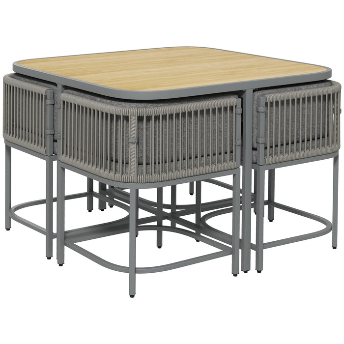 5 Pieces PE Rattan Dining Sets with Cushions, Space-saving Design Rattan Cube Garden Furniture with Stone Composite Board Top, for Indoor & Outdoor, Grey