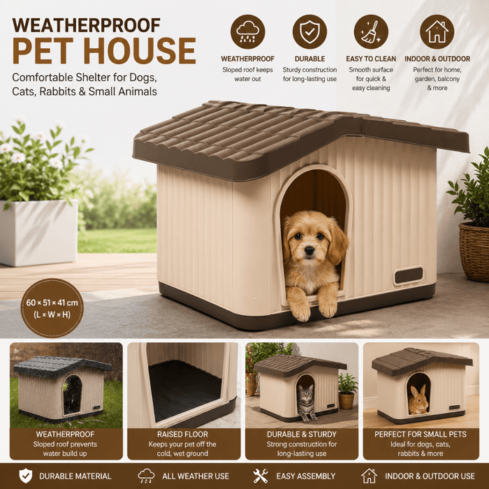 Weatherproof Plastic Pet House Indoor Outdoor Brown Dog Kennel Cat Shelter With Raised Floor & Ventilation, Durable PP Small Animal House For Rabbits Guinea Pigs, Easy Assembly (60x51x41cm)