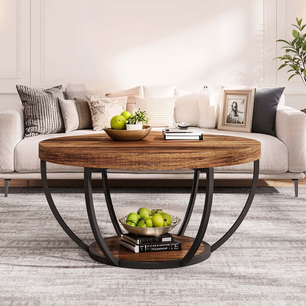 Round Wooden Coffee Table – Double-Layer Design with Open Storage and Metal Legs, Ideal for Living Room or Bedroom