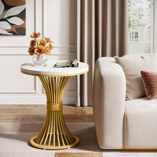 Round Modern Side Table, Faux Marble Accent Side Table with Gold Metal Base, Small White Gold Sofa Side Table for Living Room, Bedroom, Office, Small Space, White & Gold