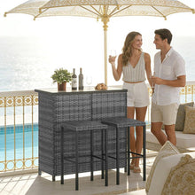 3PCS Outdoor Rattan Bar Set, Patio Bistro Set with Storage Shelves, Metal Frame Dining Table and Bar Stools, Bistro Furniture with Wooden Desktop for Garden Deck Pool