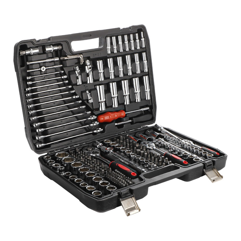 215pcs Socket Set with Ratchet Wrench, Drill Bits, and Hex Keys - Complete Mechanic Tool Kit with 1/2", 1/4", and 3/8" Drive Sizes