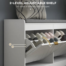 Shoe Storage Bench, Narrow Shoe Bench with 2 Flip Drawers, Seating Cushion and 2 Vents for 8 Pairs of Shoes for Entryway, Hallway, White