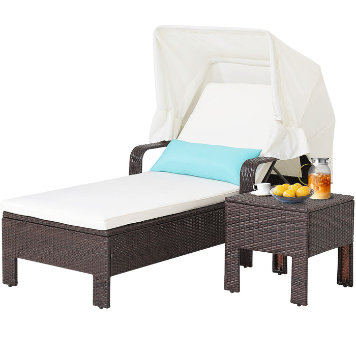 GOFLAME Chaise Lounge Chair and Table Set with Folding Canopy and Armrests, Rattan Reclining Chair with 6-Level Adjustable Backrest, Cushioned Recliner