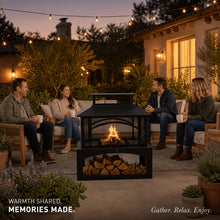 Nordivale Outdoor Fire Pit with Wood Storage, 81.28cm Metal Fireplace for Backyard Patio, 360° Safety Mesh Screen, Large Steel Wood Burning Pit for Garden, Deck, Party (Black)