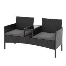 Nordivale 2-Seater Rattan Bistro Set with Built-in Glass Table, Outdoor Garden Love Seat with Cushions & Rain Cover – Black PE Wicker, Beige / Dark Grey / Navy / Light Grey