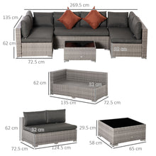 Outsunny Rattan Corner Sofa Set, 4pcs Garden Furniture Set, 6 Seater Outdoor Conservatory Furniture with Tempered Glass Table and Cushions, All Weather for Lawn, Garden, Grey