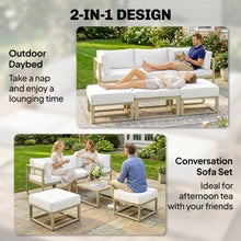 Garden Daybed, 6pcs Outdoor Sectional Sofa Set, Aluminium Patio Conversation Furniture Set with Coffee Table, Footstool and Cushions, Cream White