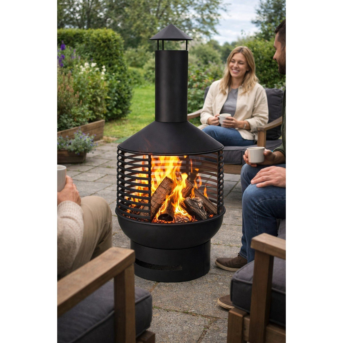 Chiminea Fireplace with Base and Cut-Out Style Chimney – Outdoor Garden Fire Pit Heater