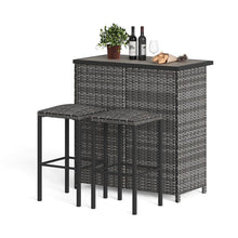 3PCS Outdoor Rattan Bar Set, Patio Bistro Set with Storage Shelves, Metal Frame Dining Table and Bar Stools, Bistro Furniture with Wooden Desktop for Garden Deck Pool
