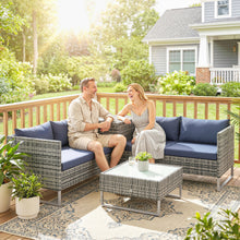 4 Seater Rattan Garden Furniture Set with Storage Box, Extra Wide Deep Corner Garden Sofa Loveseats, Glass-Top Coffee Table, Cushions, Outdoor Furniture Conversation Set for Patio, Dark Blue