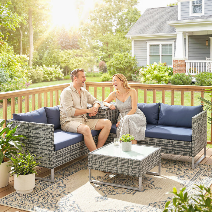 4 Seater Rattan Garden Furniture Set with Storage Box, Extra Wide Deep Corner Garden Sofa Loveseats, Glass-Top Coffee Table, Cushions, Outdoor Furniture Conversation Set for Patio, Dark Blue