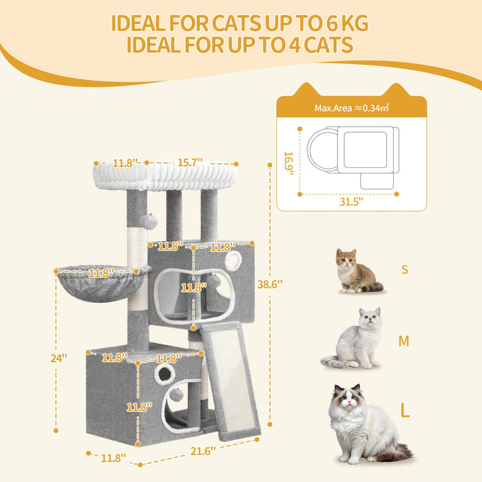 98cm Cat Tree, Cat Tower for Indoor Cats, Multi-Level Cats House Furniture with Scratching Post, 2 Caves, Large Platform, Scratching Ramp, Pompom, Light Grey