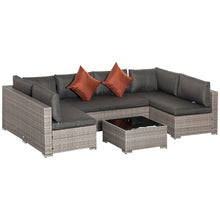 Outsunny Rattan Corner Sofa Set, 4pcs Garden Furniture Set, 6 Seater Outdoor Conservatory Furniture with Tempered Glass Table and Cushions, All Weather for Lawn, Garden, Grey
