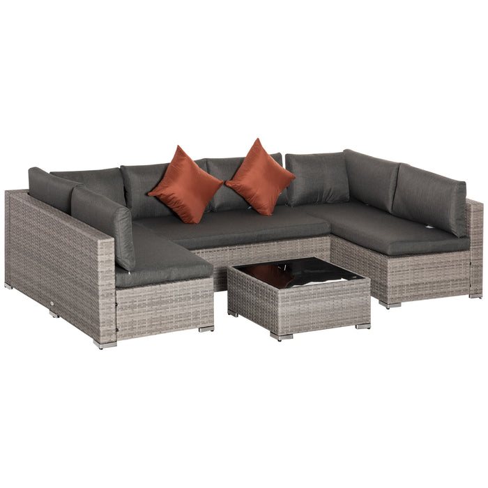 Outsunny Rattan Corner Sofa Set, 4pcs Garden Furniture Set, 6 Seater Outdoor Conservatory Furniture with Tempered Glass Table and Cushions, All Weather for Lawn, Garden, Grey