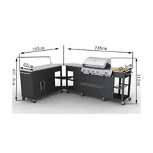 Outdoor Kitchen Barbecue Missouri 4 Burners, Material: Stainless steelDimensions counter with sink: 182 x 52 x 107.5 cm (L x W x H)Dimensions counter with grill: 248 x 55.5 x 112 cm (L x W x H)Number of control buttons: 5Number of wheels: 12Torches: 48 00