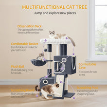 98cm Cat Tree, Cat Tower for Indoor Cats, Multi-Level Cats House Furniture with Scratching Post, 2 Caves, Large Platform, Scratching Ramp, Pompom, Light Grey