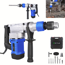 1500W Heavy Duty Rotary Hammer Drill, 3 Function, 4 Adjustable Speed And Adjustable Soft Grip Handle, Include 5 Drill Bits, Point And Flat Chisel with Case
