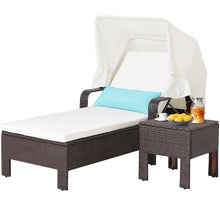 GOFLAME Chaise Lounge Chair and Table Set with Folding Canopy and Armrests, Rattan Reclining Chair with 6-Level Adjustable Backrest, Cushioned Recliner