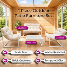 Neo 4 Piece Outdoor Patio Garden Furniture Set Cushions Metal Sofa Loveseat 2 Chairs Glass Coffee Table Balcony Backyard Conservatory