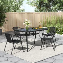 5pcs Garden Pub Table and Chair Set: 1 Table and 4 Chairs. Model A: 120 X 80 X 72 Cm Stone-effect Rectangular Table with Parasol Hole + 4 Black Plastic Rope-upholstered Stackable Chairs