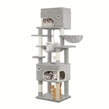 Scratching Post, 178cm Cat Tree with Large Platform, 2 Caves, 7 Scratching Posts, Pompoms, Loungers, Hammock, Suitable for All Cat Breeds, Light Grey