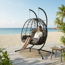 Foldable Hanging Basket, 2-person Egg Chair (2 adults of relatively small build), PE Rattan Chair, Including Cushion, 115x130x68cm.