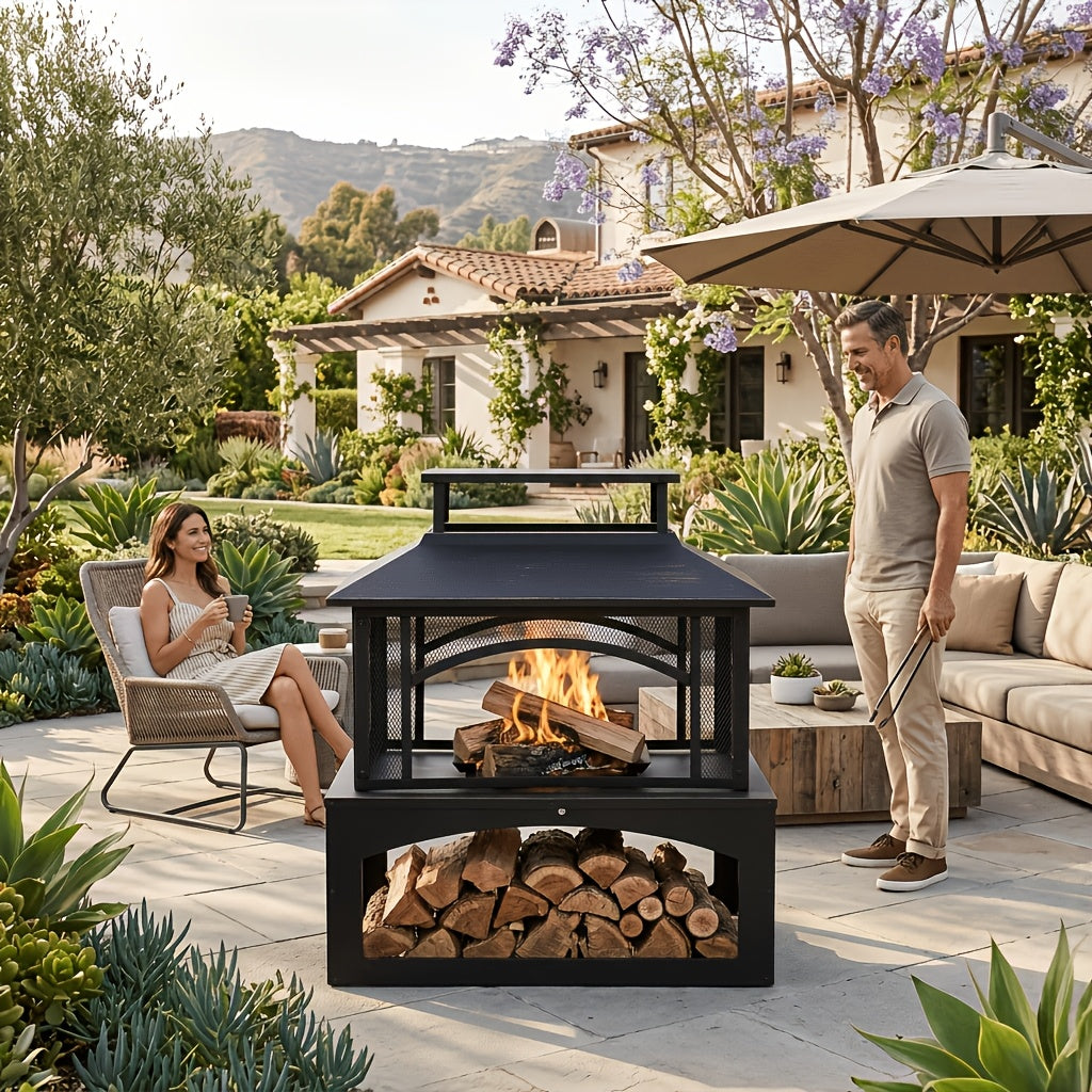 Nordivale Outdoor Fire Pit with Wood Storage, 81.28cm Metal Fireplace for Backyard Patio, 360° Safety Mesh Screen, Large Steel Wood Burning Pit for Garden, Deck, Party (Black)