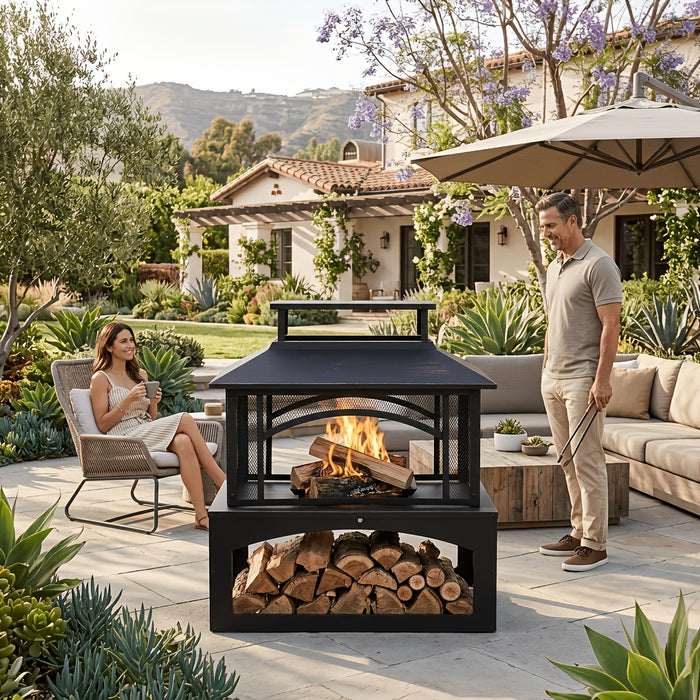 Nordivale Outdoor Fire Pit with Wood Storage, 81.28cm Metal Fireplace for Backyard Patio, 360° Safety Mesh Screen, Large Steel Wood Burning Pit for Garden, Deck, Party (Black)