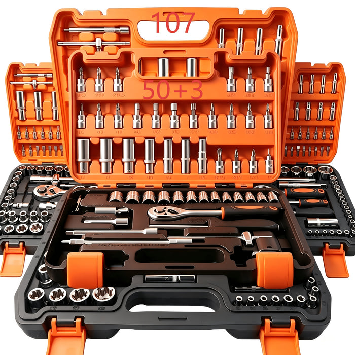 50+3/107pcs Heavy-Duty Socket Wrench And Tool Set with Quick-Release Ratchet, Extension Screwdriver Kit Suitable for Car, Motorcycle, Bicycle, And Home Repair, 1/4" 1/2" 3/8" Drive, Professional Mechanic Tool Kit for Auto Maintenance