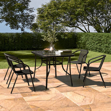 5pcs Garden Pub Table and Chair Set: 1 Table and 4 Chairs. Model A: 120 X 80 X 72 Cm Stone-effect Rectangular Table with Parasol Hole + 4 Black Plastic Rope-upholstered Stackable Chairs