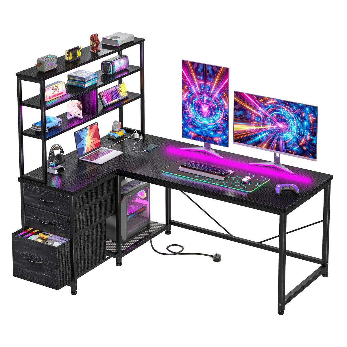 152.4cmH Tall L-Shaped Corner Computer Desk, Reversible Gaming Desk with Storage Rack And Fabric Drawers And Mesh PC Tower Stand, PC Table Workstation, Suitable for Home Offices