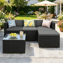 Costoffs Garden Furniture Set, 5pcs Rattan Patio Furniture Set, PE Rattan 3 Sectional Sofas & 1 Stool& 1 Coffee Table Set, Tempered Glass Side Table, All Weather Garden Lounge Set with Cushions, Black/Gray, Black/Beige