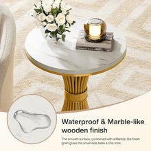 Round Modern Side Table, Faux Marble Accent Side Table with Gold Metal Base, Small White Gold Sofa Side Table for Living Room, Bedroom, Office, Small Space, White & Gold